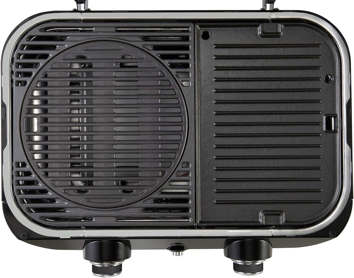 Top view of Campingaz Attitude 2100 LX Portable Gas Grill showing grill and flat cooking surfaces for versatile outdoor cooking.
