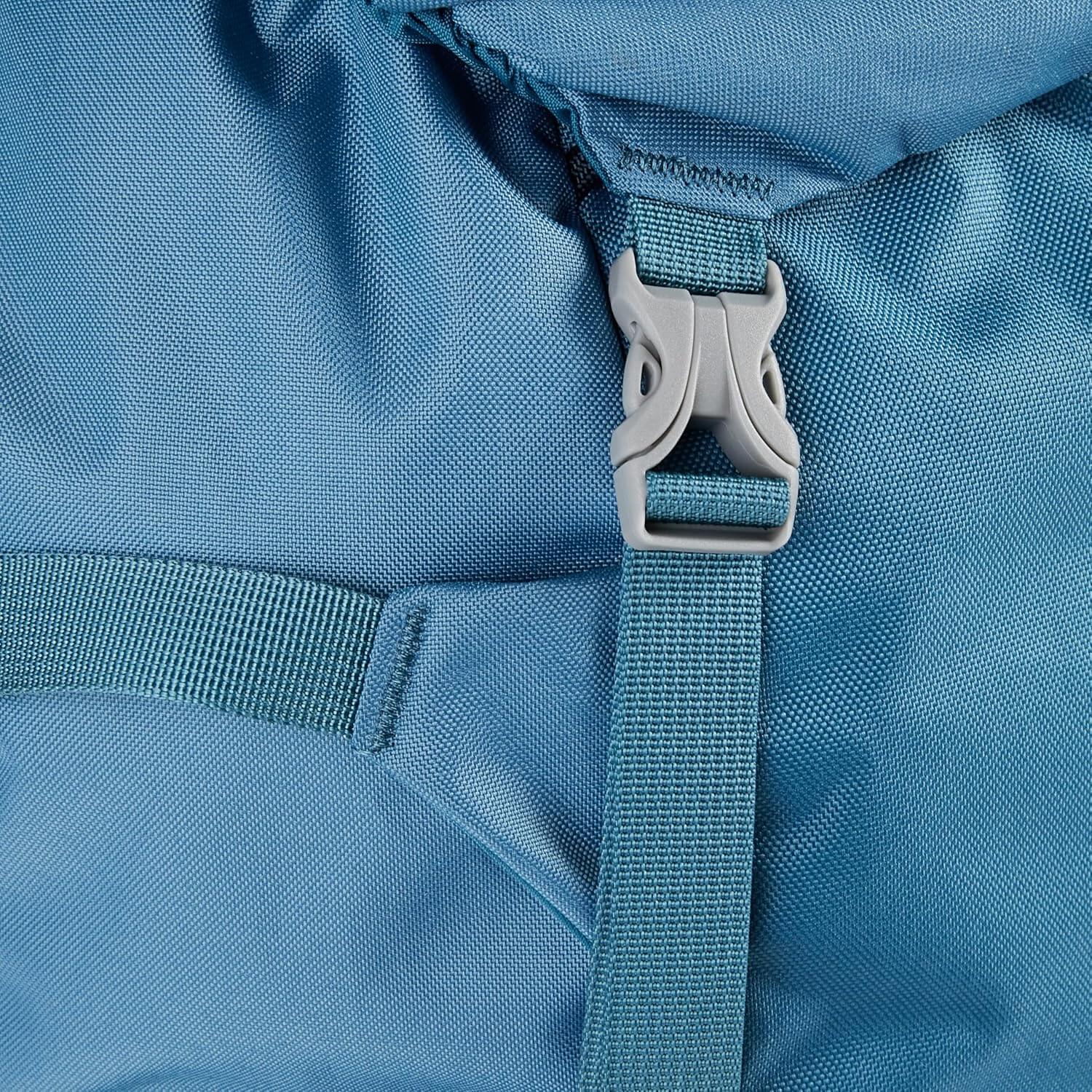 Close-up of fastening buckle on Osprey Renn 65 - Women backpack, showcasing durable blue fabric and design details for outdoor use.
