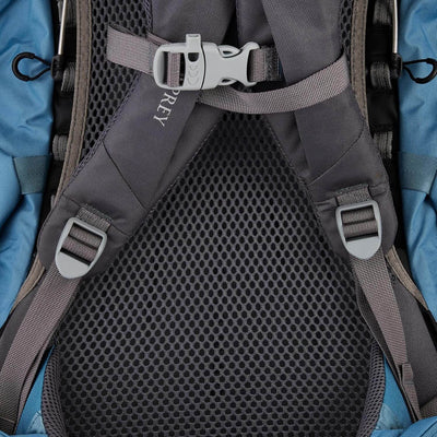 Close-up of the Osprey Renn 65 - Women backpack showing adjustable straps and breathable mesh panel.