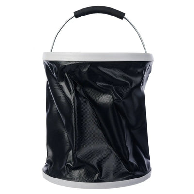 Black portable 8L Hygiene Collective Folding Bucket with sturdy handle, ideal for outdoor activities and efficient water management.