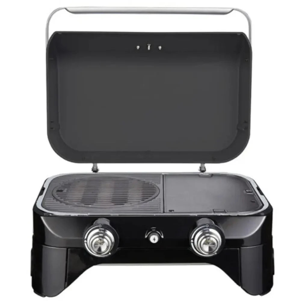 Campingaz Attitude 2100 LX Portable Gas Grill with lid open showing cooking surface, ideal for outdoor cooking and barbecues.