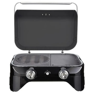 Campingaz Attitude 2100 LX Portable Gas Grill with lid open showing cooking surface, ideal for outdoor cooking and barbecues.