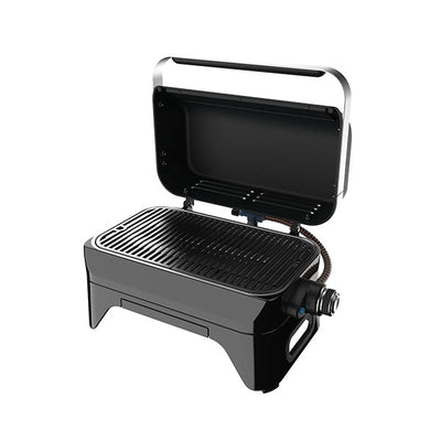 Campingaz Attitude 2go CV tabletop gas grill with open lid, portable and compact design for outdoor cooking.