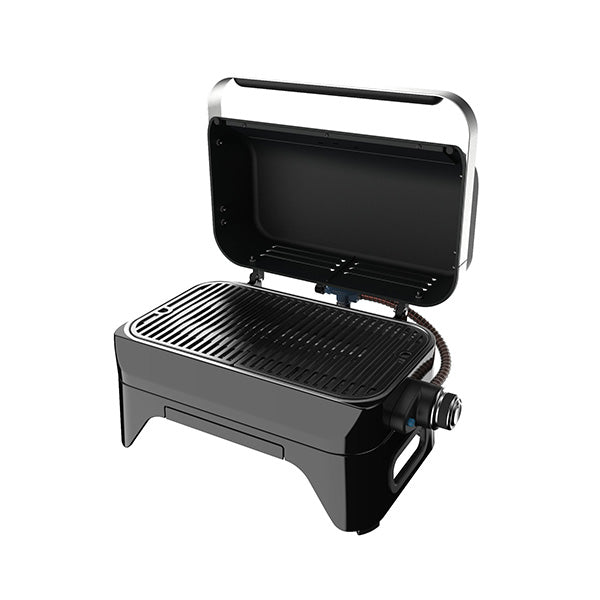 Campingaz Attitude 2go CV tabletop gas grill with open lid, portable and compact design for outdoor cooking.
