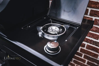 Close-up view of Campingaz 4 Series Onyx S Outdoor Gas BBQ Grill burner and lid, high-performance essential for backyard cooking.
