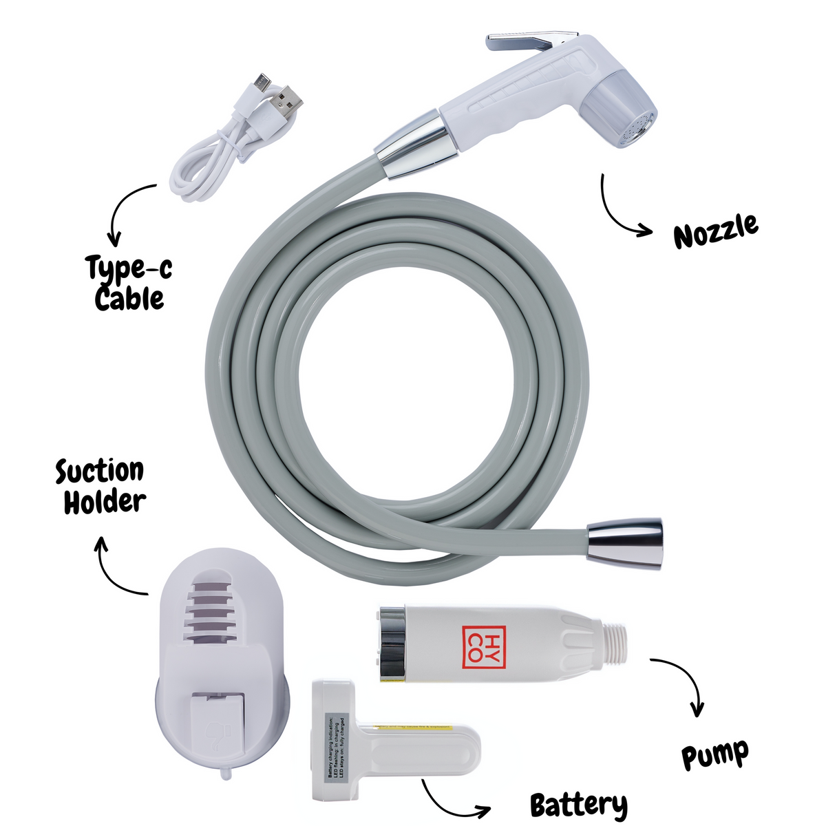 Hygiene Collective Jet Portable Travel Bidet components including nozzle, pump, battery, suction holder, and Type-C cable for camping use.