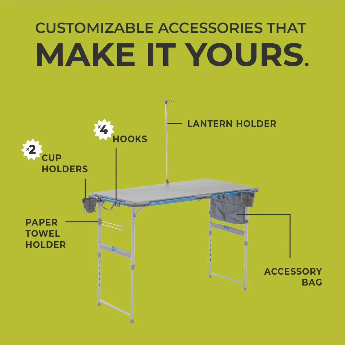 Core Equipment 4 Foot Outdoor Table with FlexRail — lantern/cup holder attachments on the FlexRail.