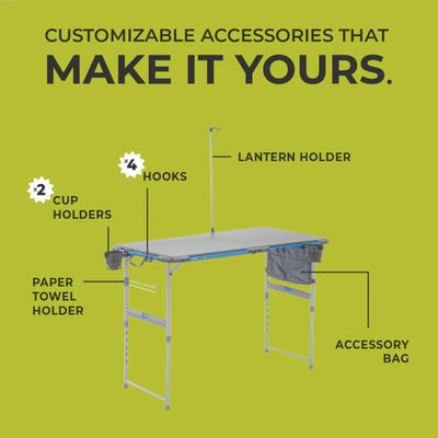 Core Equipment 4 Foot Outdoor Table with FlexRail — lantern/cup holder attachments on the FlexRail.