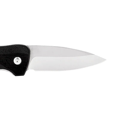 Leatherman C33 folding pocket knife blade close-up, showcasing its sharp edge and sleek design.