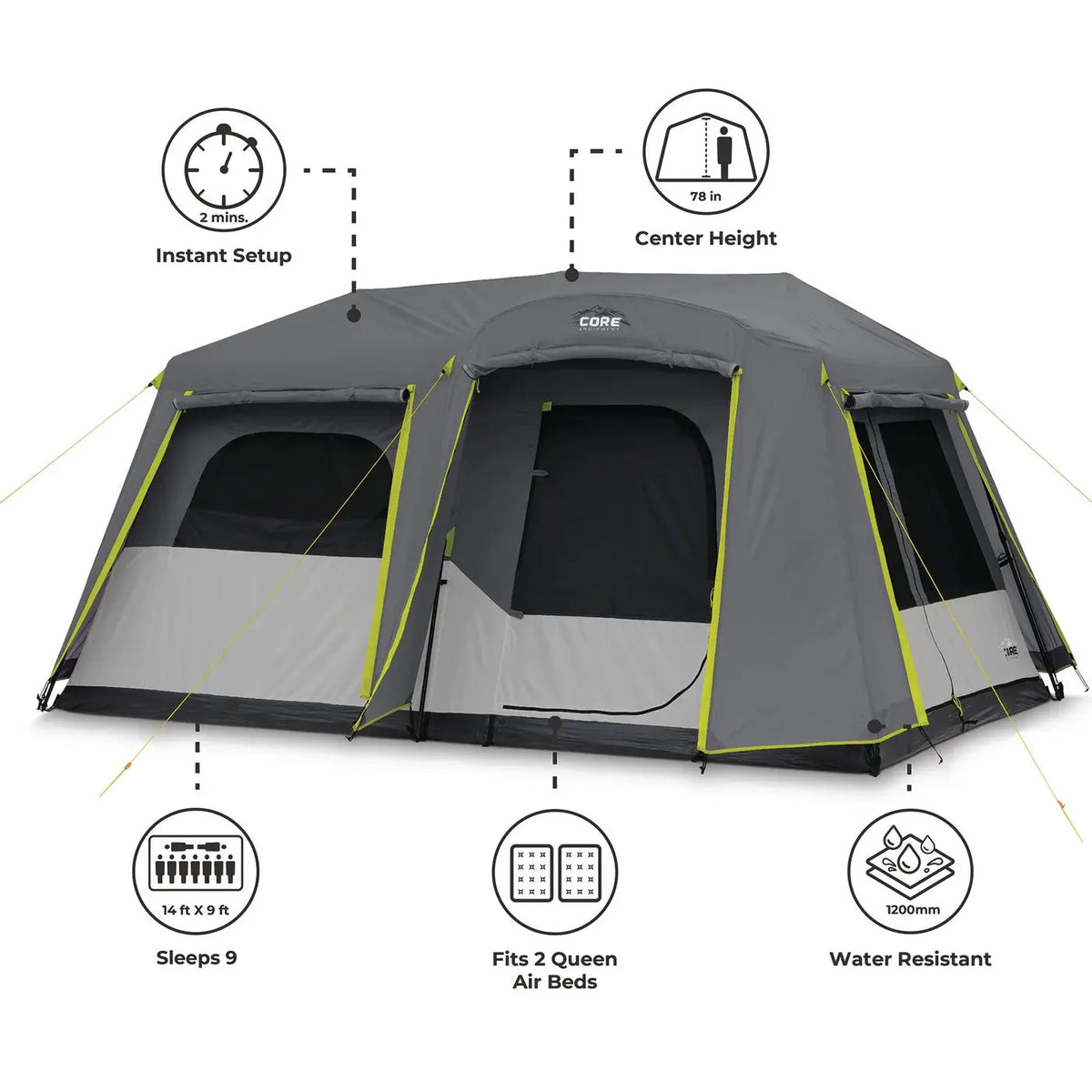 Core Equipment 9 Person Instant Cabin Tent with Full Rainfly - 14' x 9' - Shop  Camping Tents at  Trekaline