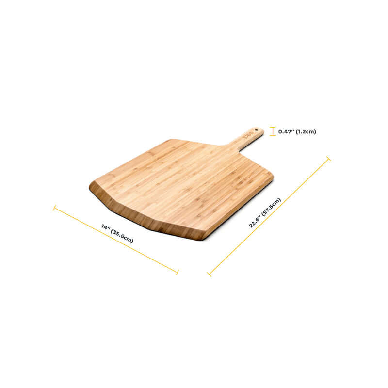 Ooni Bamboo Pizza Peel and Serving Board showing dimensions, ideal for launching and serving pizza.