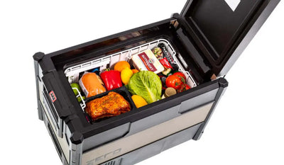 ARB Zero Portable Fridge Freezer Single Zone - 44L filled with fresh food, ideal for outdoor adventures.