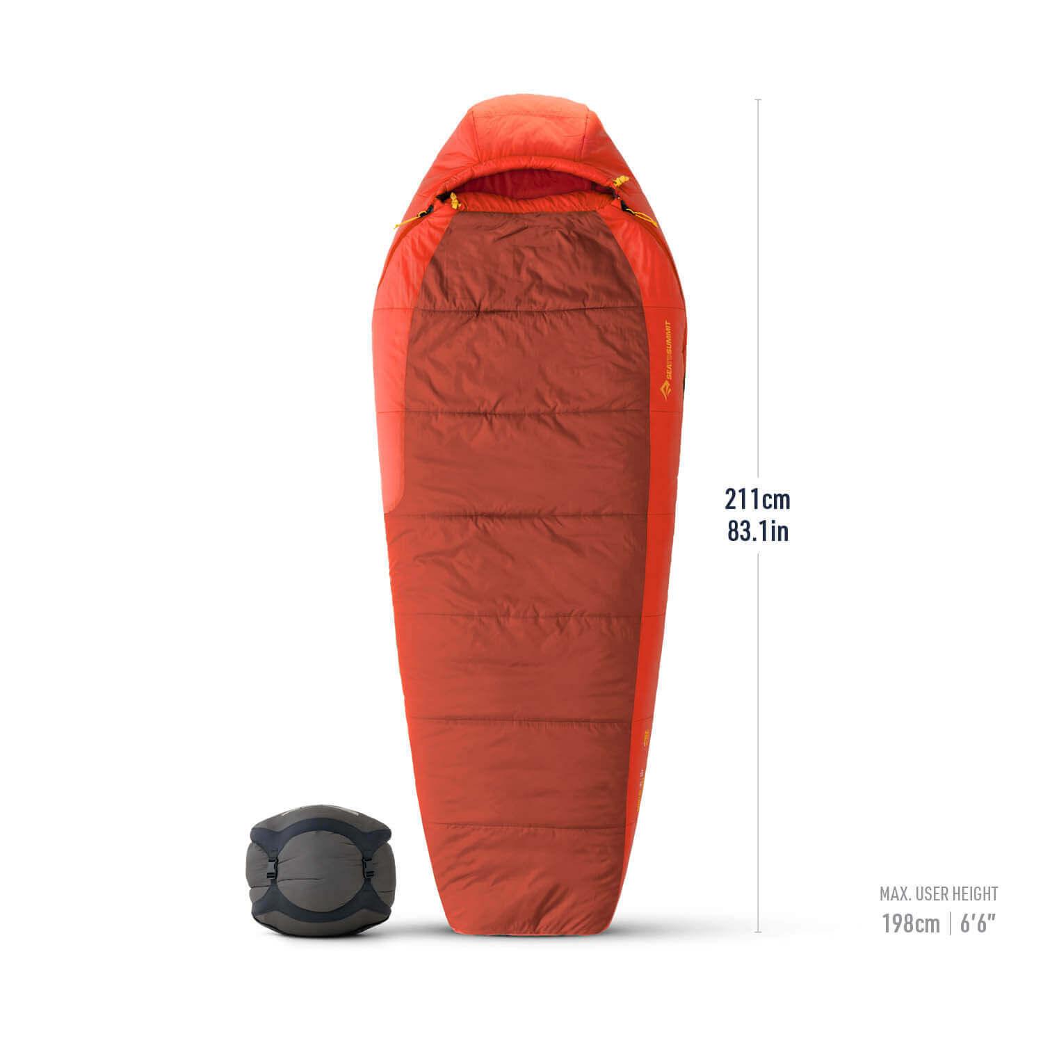 Sea to Summit Hamelin Synthetic Sleeping Bag 15F with dimensions and stuff sack displayed.