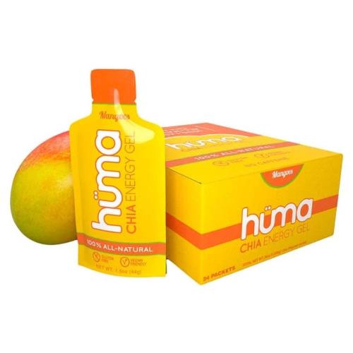 Huma Chia Energy Gel - Mangoes 42g packet with fresh mango fruit, showcasing 100% natural ingredients for energy boost.