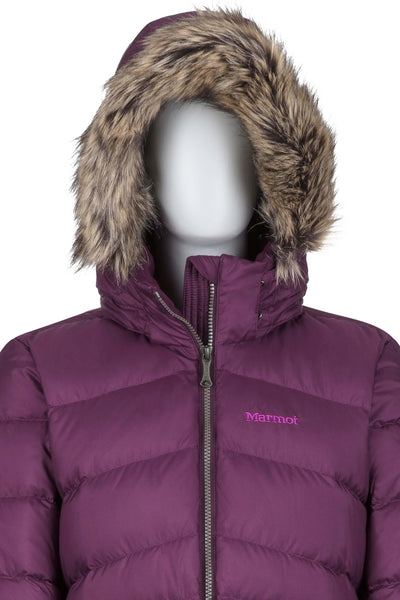 Marmot Ithaca Jacket - Women's Down Coat with faux fur hood in purple color