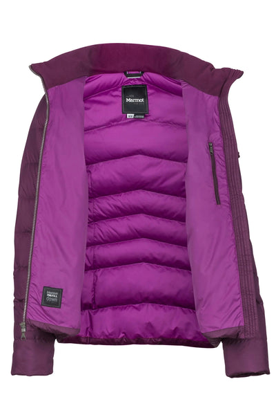 Interior view of Marmot Ithaca Jacket - Women's Down Coat in purple, featuring premium insulation for winter warmth.