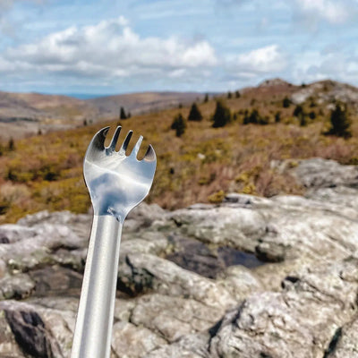 Close up of the SilverAnt Long Handle Titanium Spork spoon and fork bowl