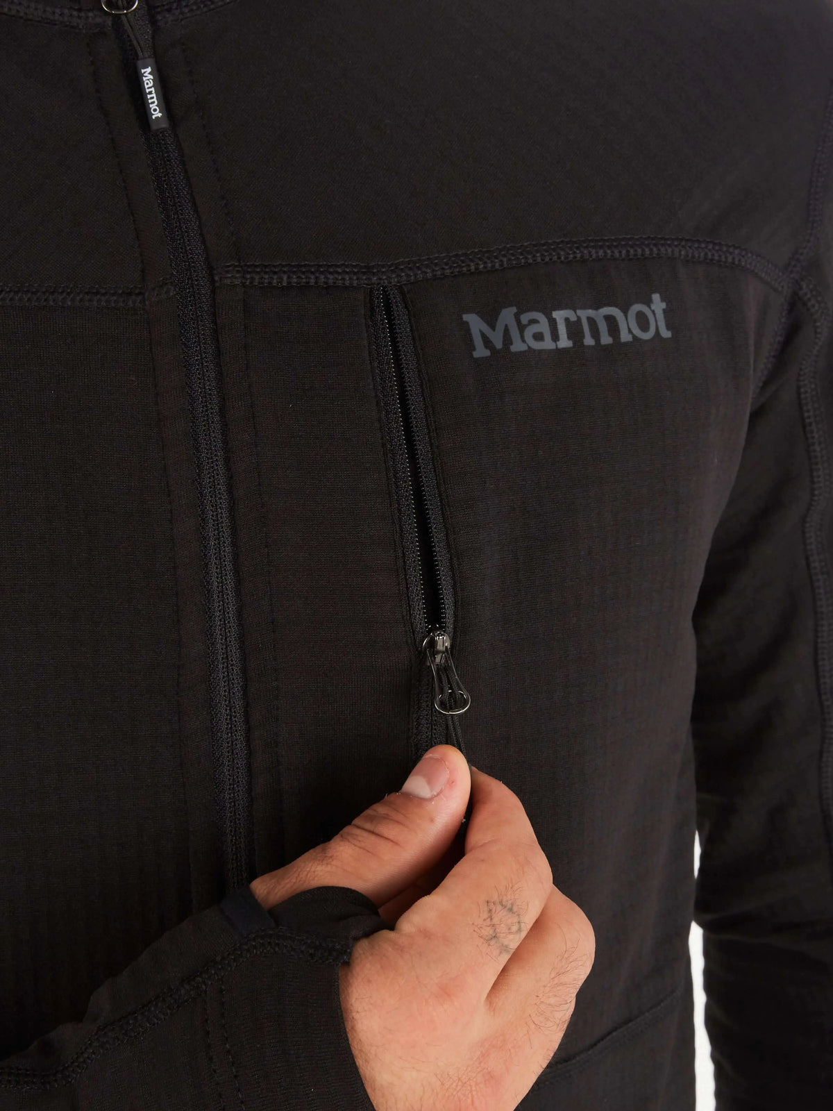 Thumbholes and flatlock seam details on the men's Marmot Preon Jacket.