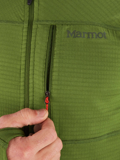 Close-up of green Marmot Preon Jacket showing a zippered pocket detail, ideal for men's hiking and alpine adventures.