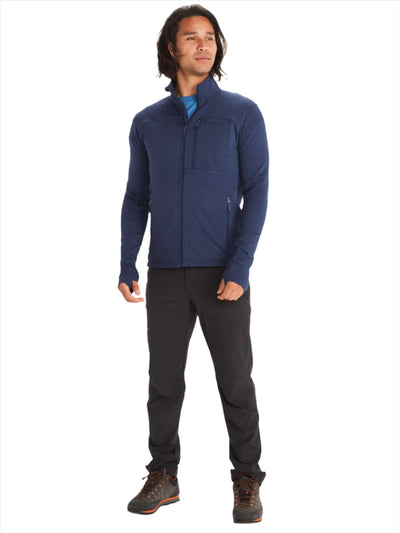 Man wearing the Marmot Preon Jacket, a lightweight hiking fleece for men's alpine adventures.