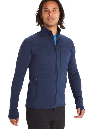 Man wearing blue Marmot Preon Jacket for men's hiking and alpine adventures