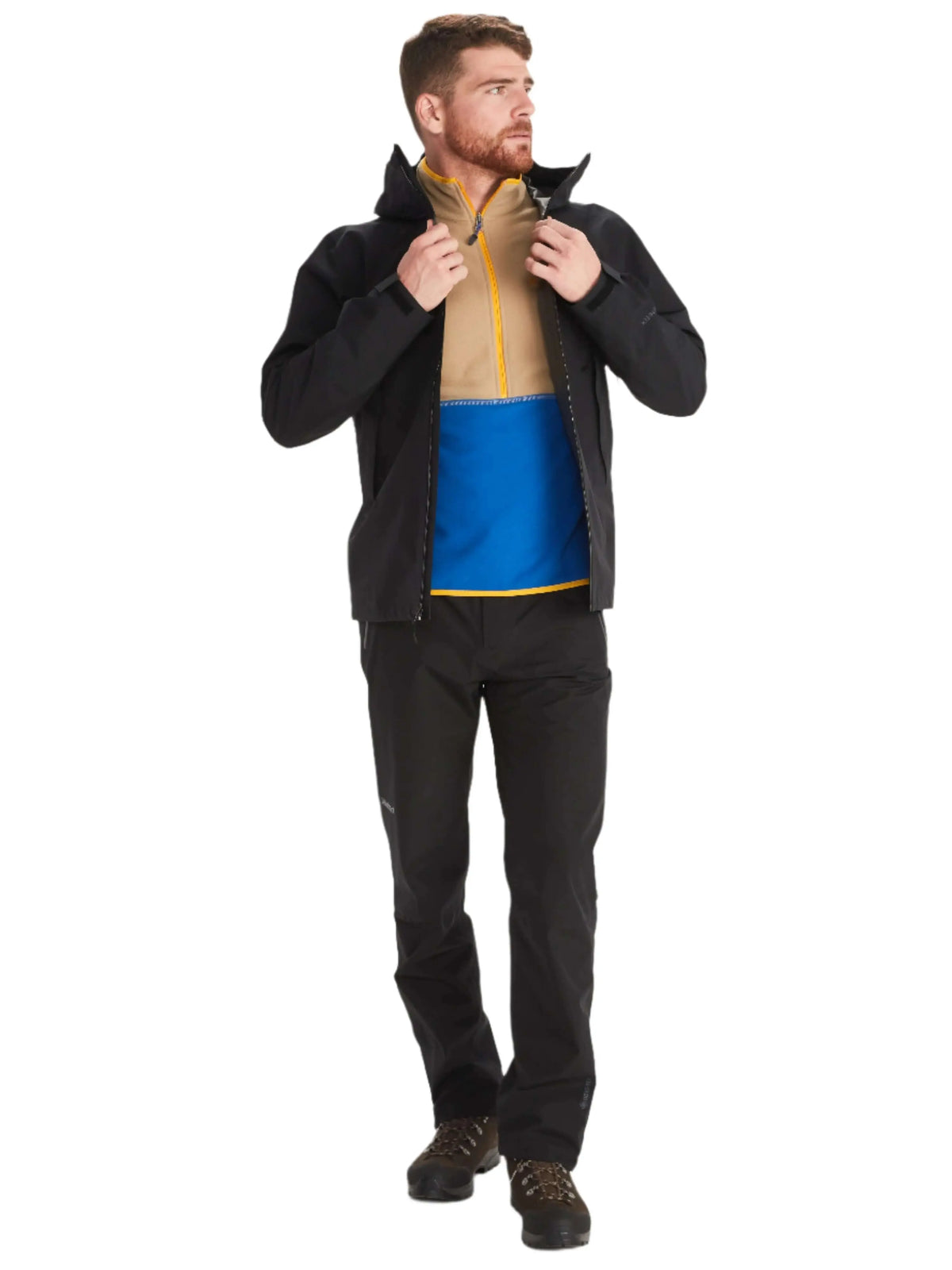 Man wearing Marmot Gore-Tex Minimalist Pro Jacket men's shell, showcasing waterproof outdoor gear