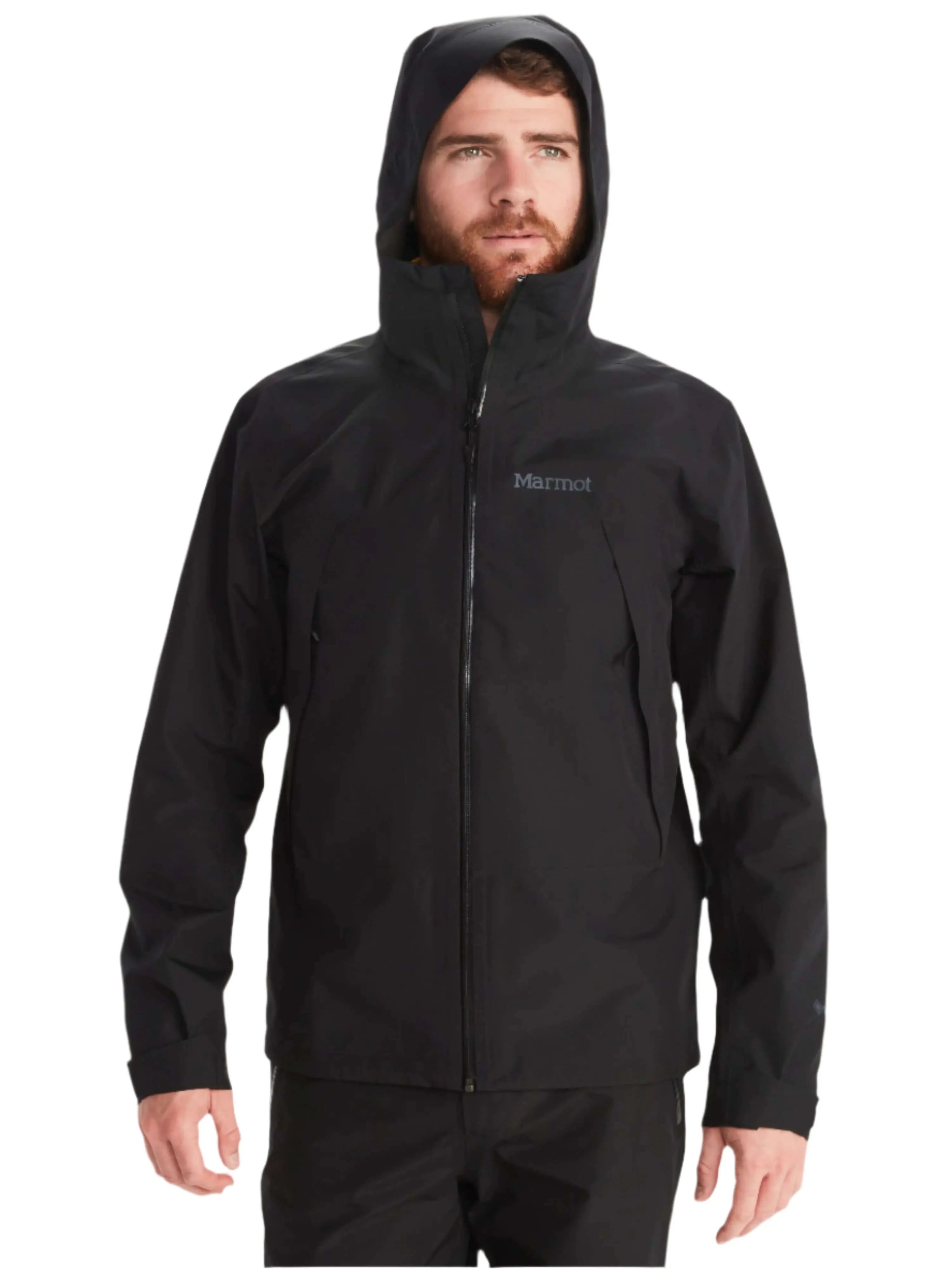Man wearing Marmot Gore-Tex Minimalist Pro Jacket - Men's Shell, black, hood up, front view