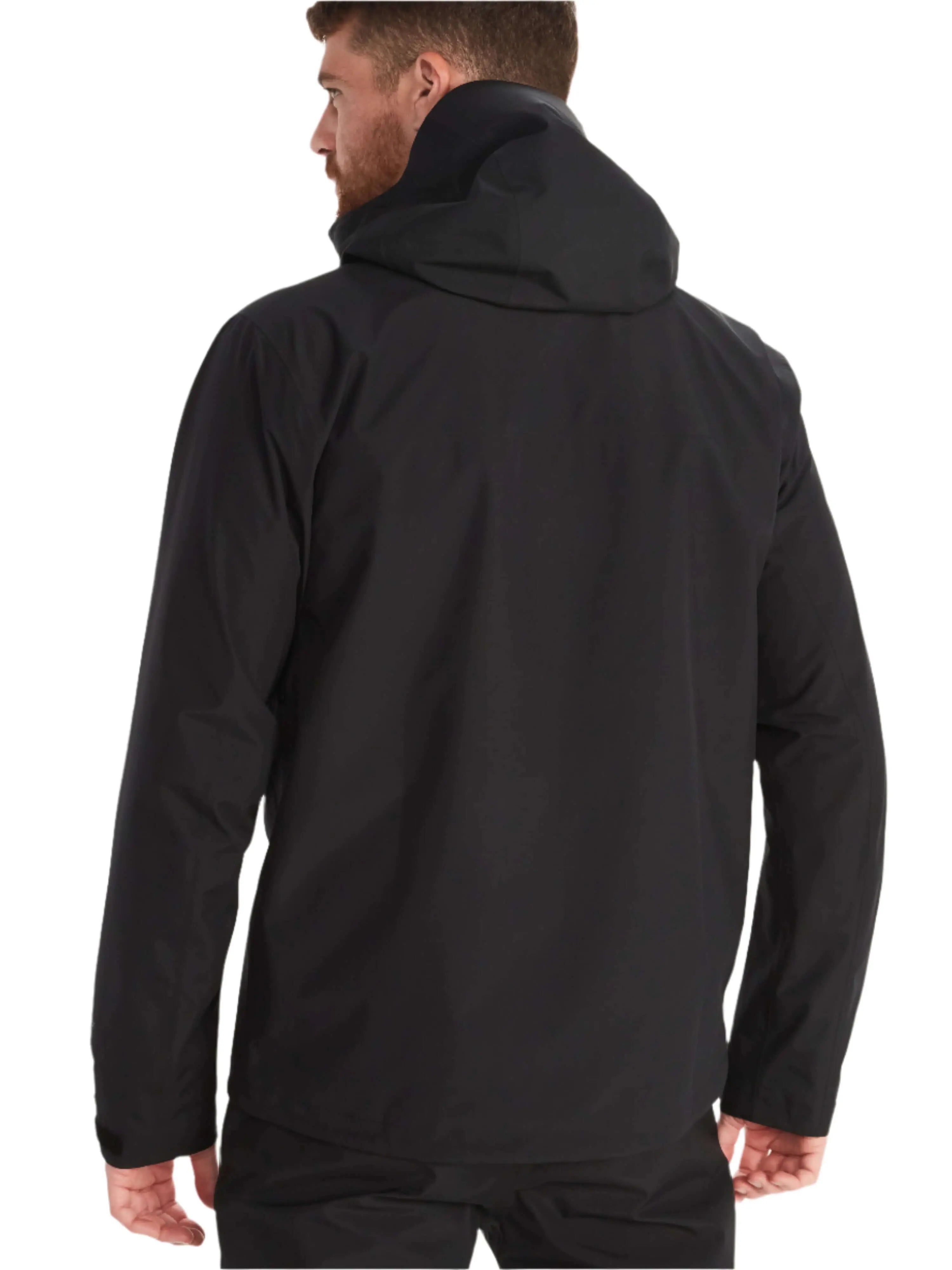 Back view of Marmot Gore-Tex Minimalist Pro Jacket - Men's Shell, showcasing waterproof material in black.