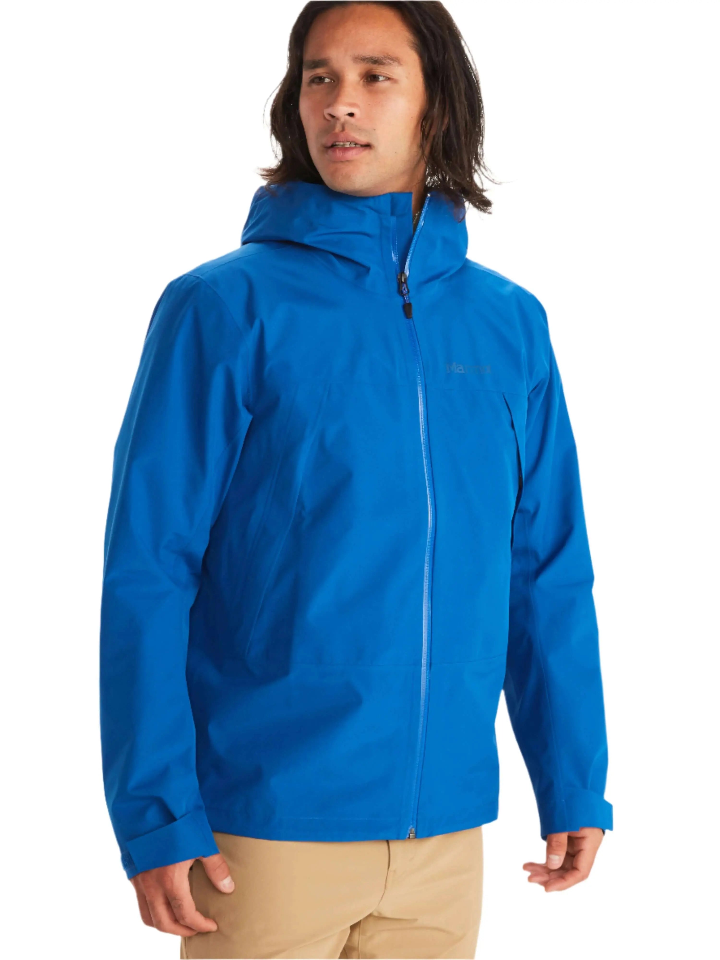Man wearing Marmot Gore-Tex Minimalist Pro Jacket in blue