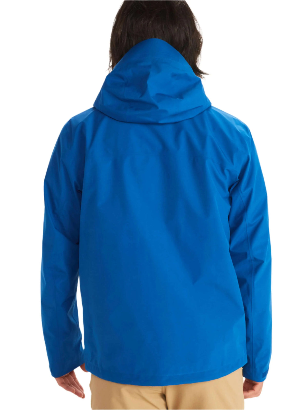Back view of a blue Marmot Gore-Tex Minimalist Pro Jacket for men, showcasing waterproof design and hood, ideal for versatile weather protection.