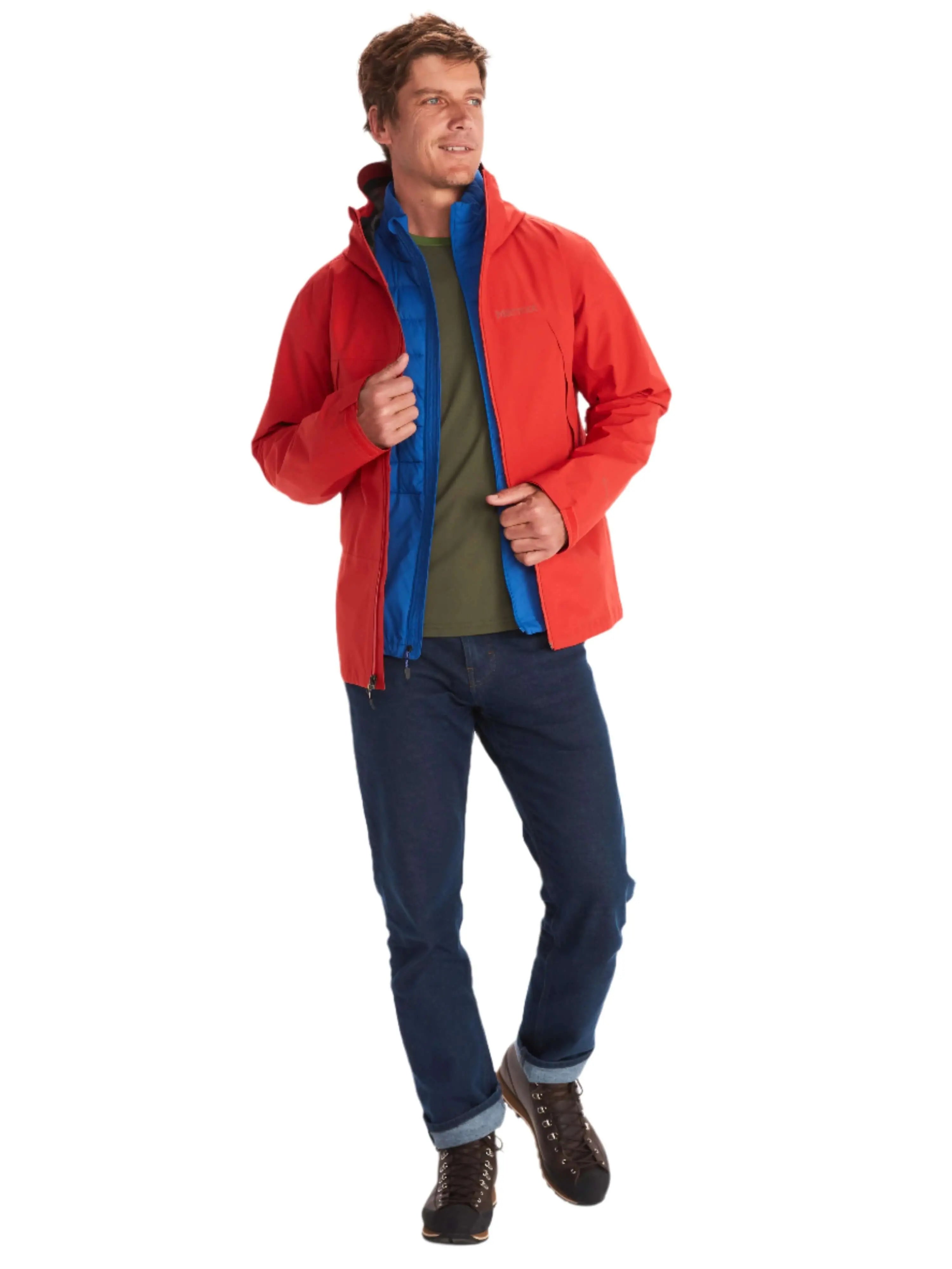 Man wearing Marmot Gore-Tex Minimalist Pro Jacket in red over a blue and green outfit