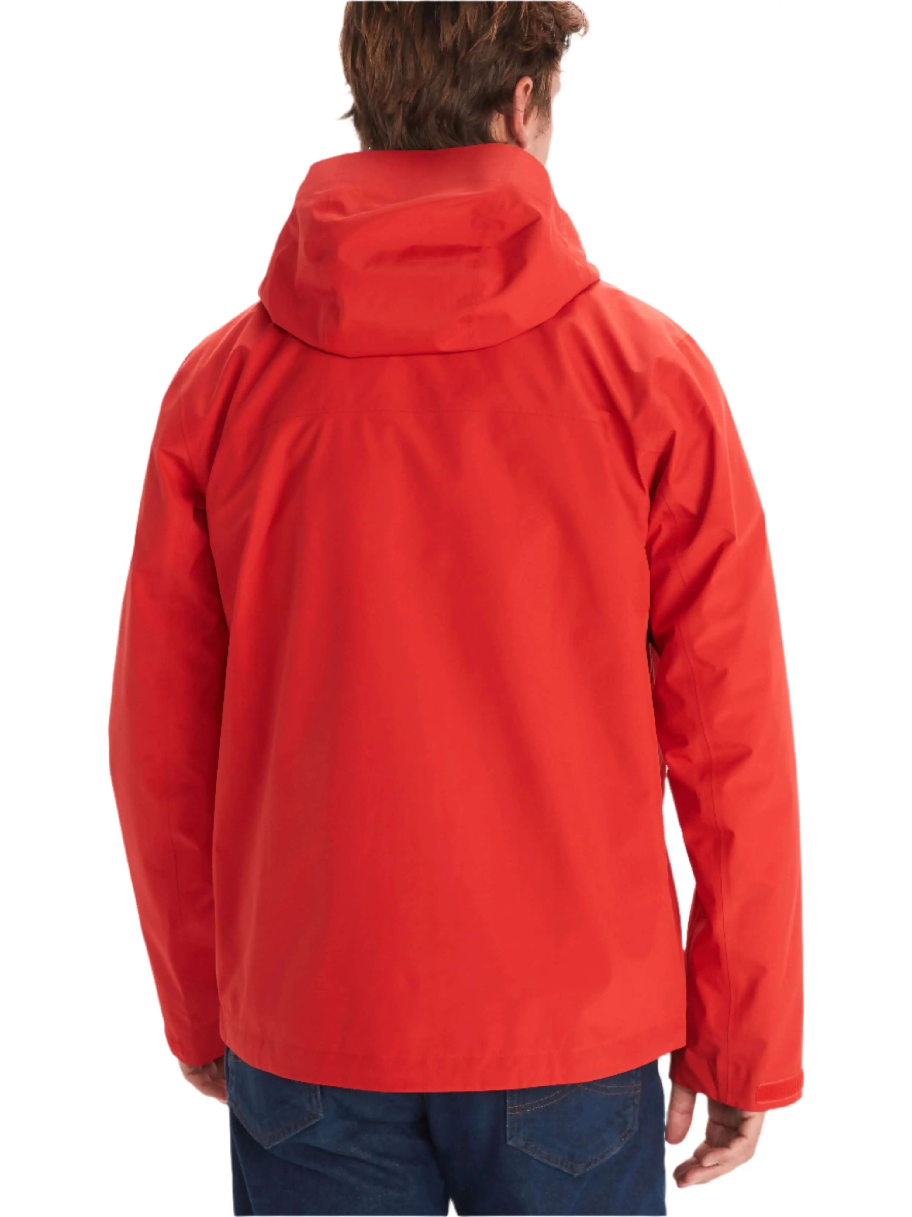 Back view of man wearing red Marmot Gore-Tex Minimalist Pro Jacket - Men's Shell, demonstrating lightweight waterproof design.