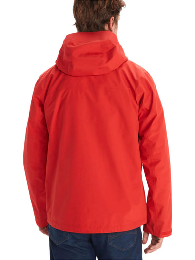 Back view of man wearing red Marmot Gore-Tex Minimalist Pro Jacket - Men's Shell, demonstrating lightweight waterproof design.