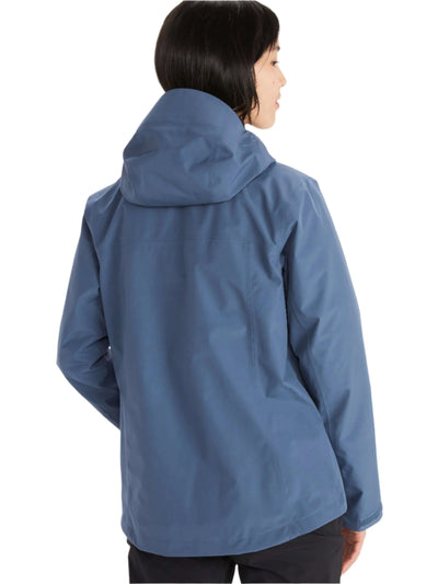 Rear view of a woman wearing a Marmot Gore-Tex Minimalist Pro Jacket in blue, showcasing the hood and weather-resistant design.