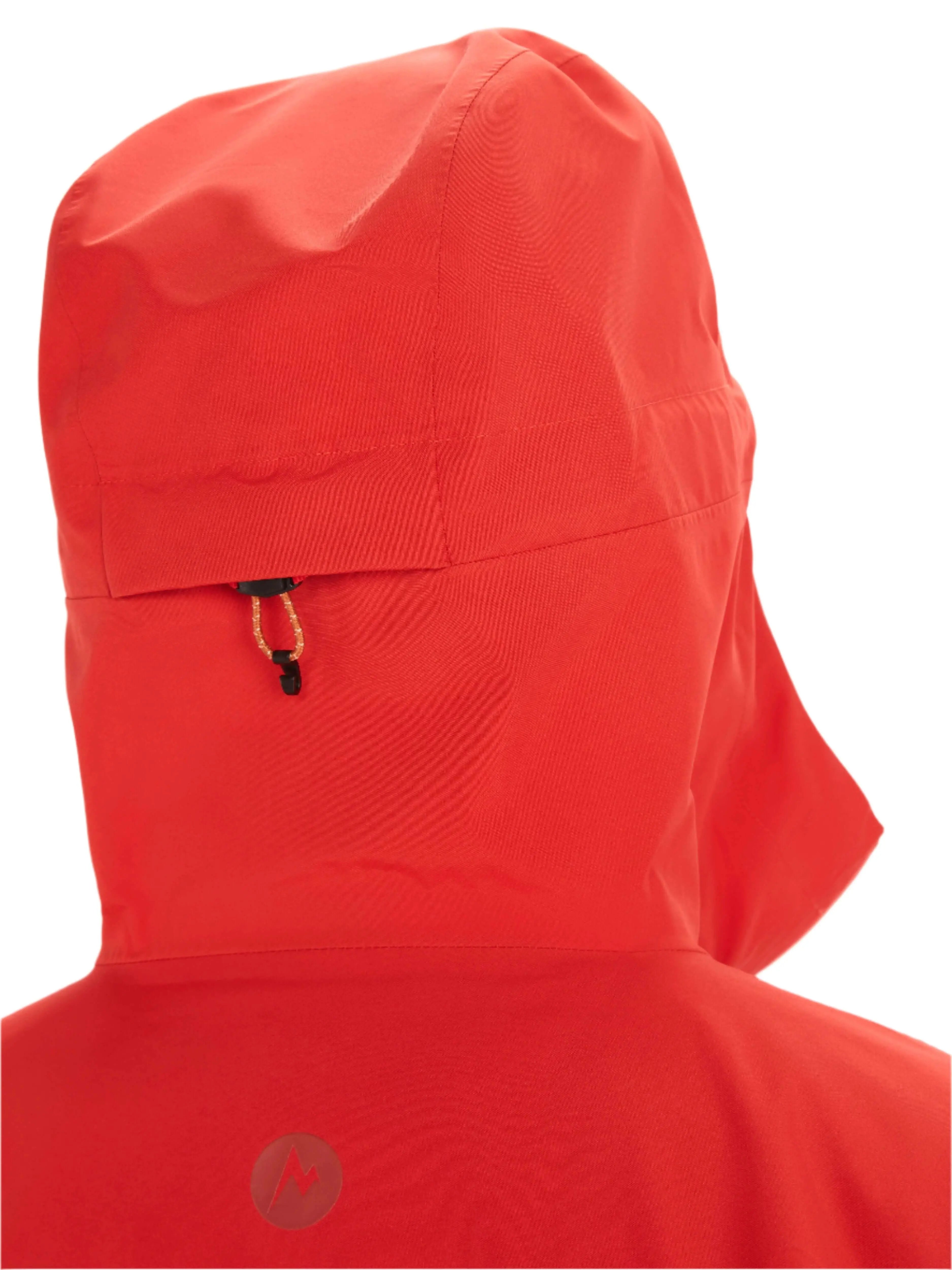 Rear view of the Marmot Gore-Tex Minimalist Pro Jacket in vibrant red, highlighting the hood design.
