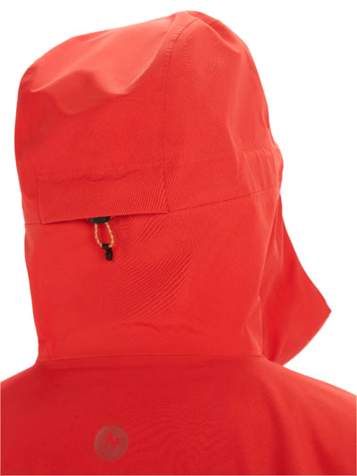 Rear view of the Marmot Gore-Tex Minimalist Pro Jacket in vibrant red, highlighting the hood design.