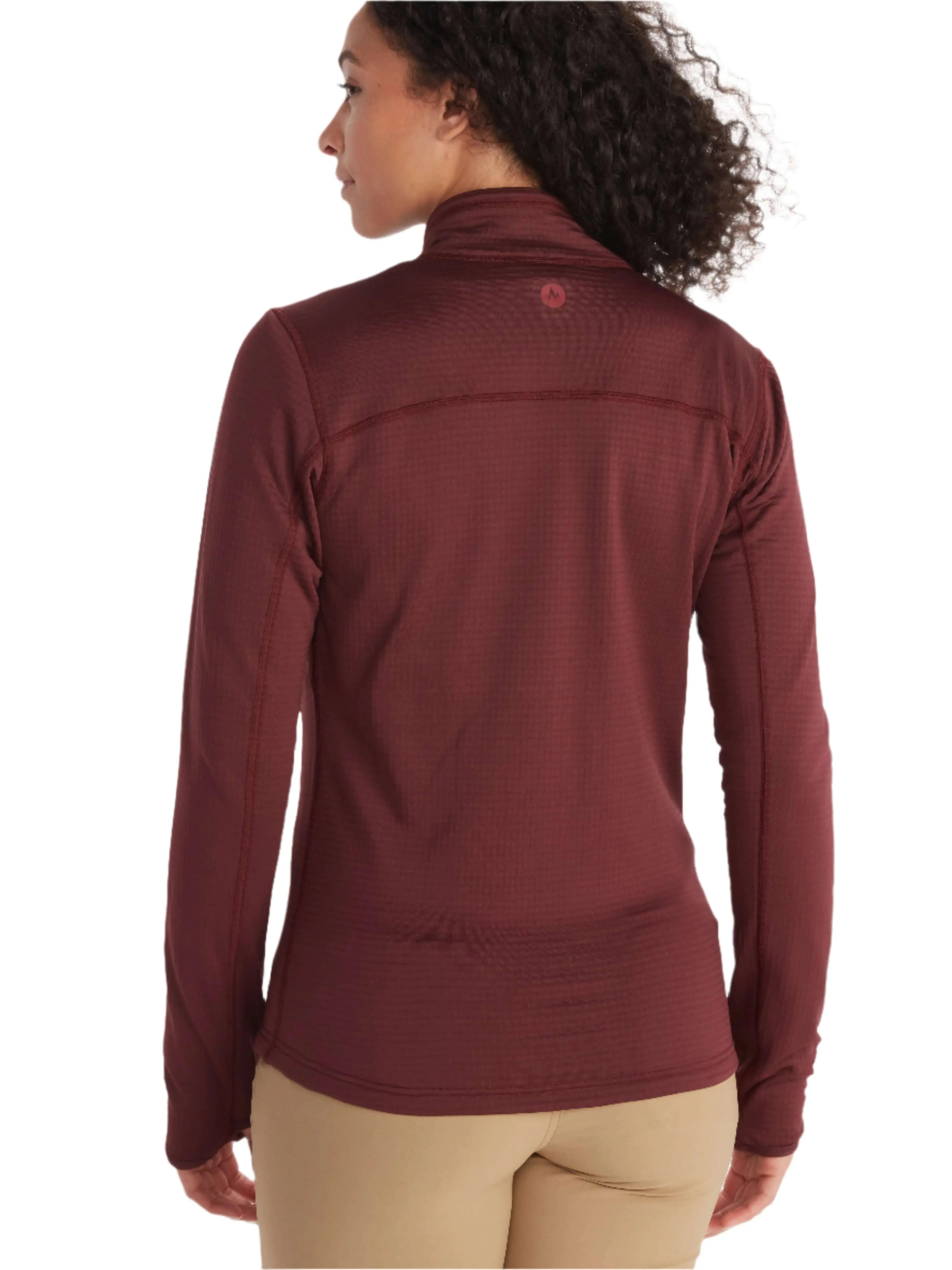 Back view of woman wearing Marmot Preon Jacket women's fleece midlayer, showcasing breathable grid fleece design ideal for outdoor activities.