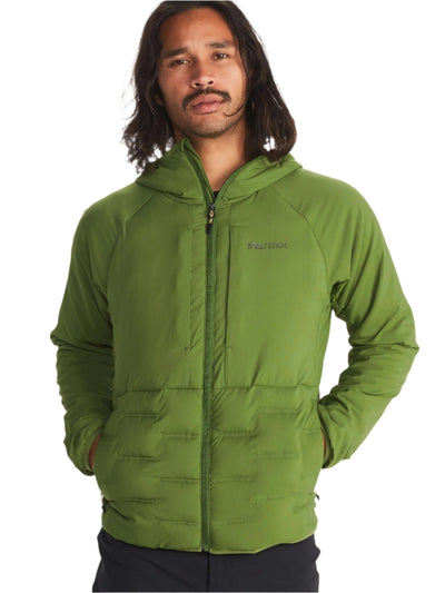 Marmot Warmcube men's winter jacket in green, perfect for cold-weather adventures with advanced insulation technology.