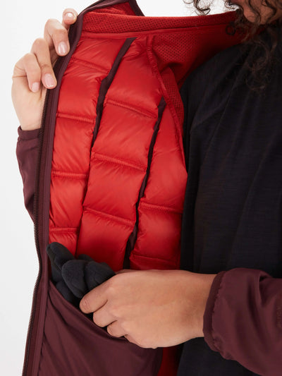 Close-up of Marmot Warmcube Women's Active HB Jacket showing 3D WarmCube™ construction and inner lining red color.