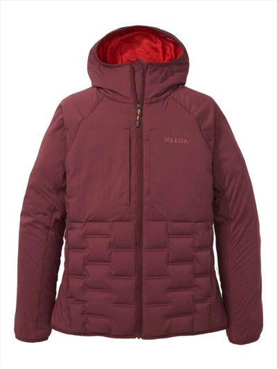 Marmot Warmcube Women's Cold Weather Jacket in maroon, featuring 3D WarmCube construction and 700-fill down for dynamic winter adventures.