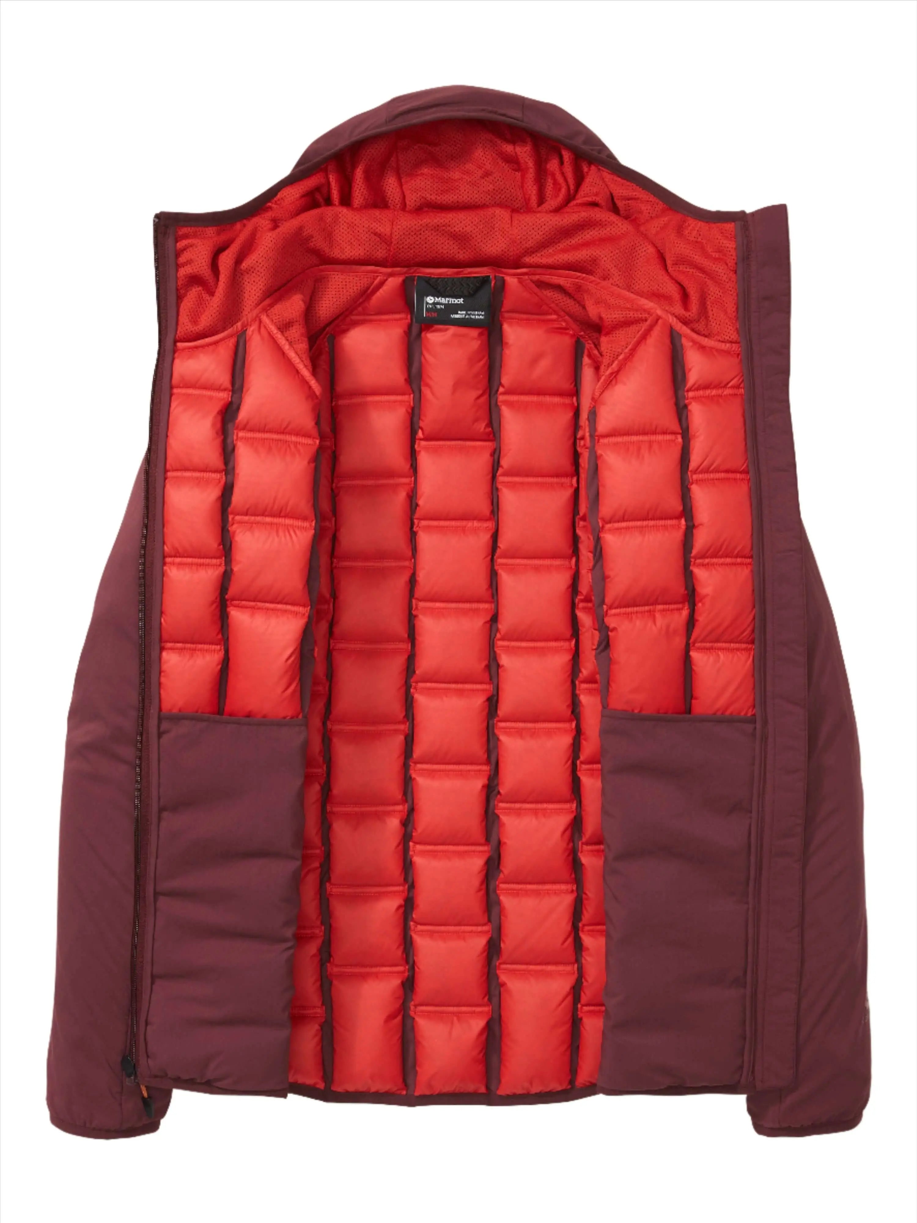 Marmot Warmcube women's active HB jacket showcasing interior 3D WarmCube construction with 700-fill down for winter adventures.