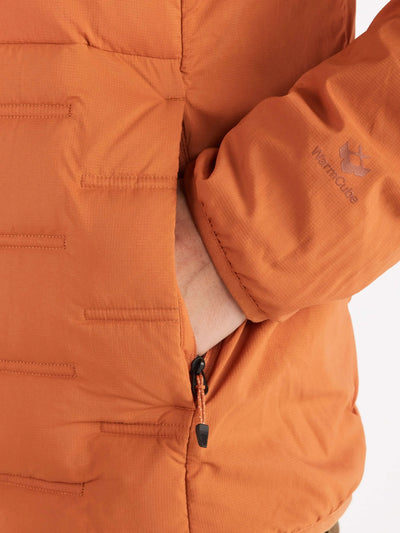 Close-up of Marmot Warmcube Women's Active HB Jacket showcasing pocket and sleeve design in orange color