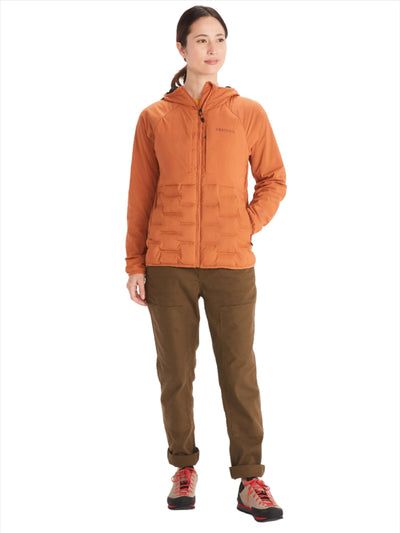 Marmot Warmcube Women's Active HB Jacket in orange, designed for winter adventures, featuring 3D WarmCube construction and 700-fill power down.