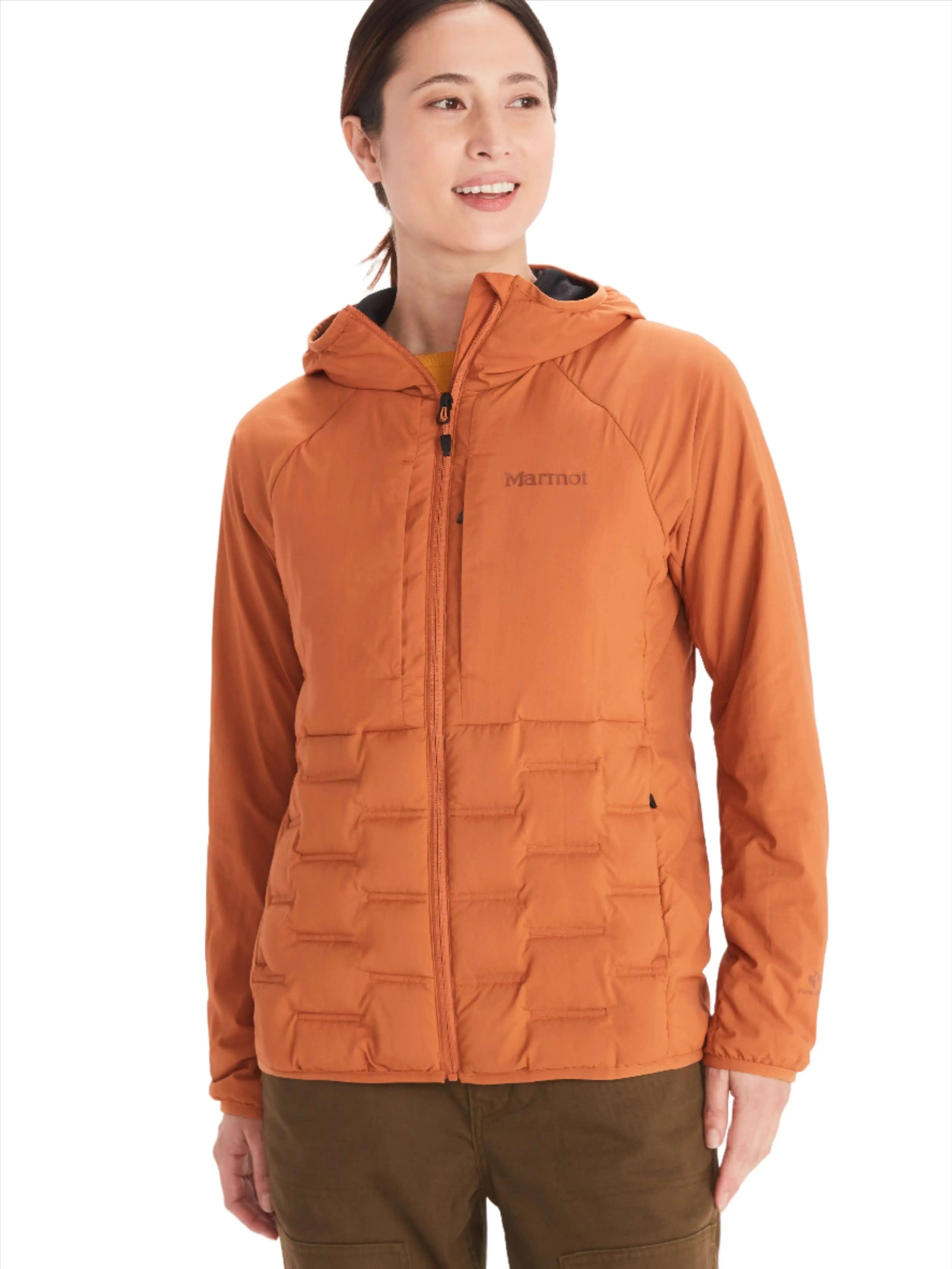 Marmot Warmcube Women's Active HB Jacket in orange, featuring advanced 3D WarmCube™ technology for optimal warmth and flexibility.
