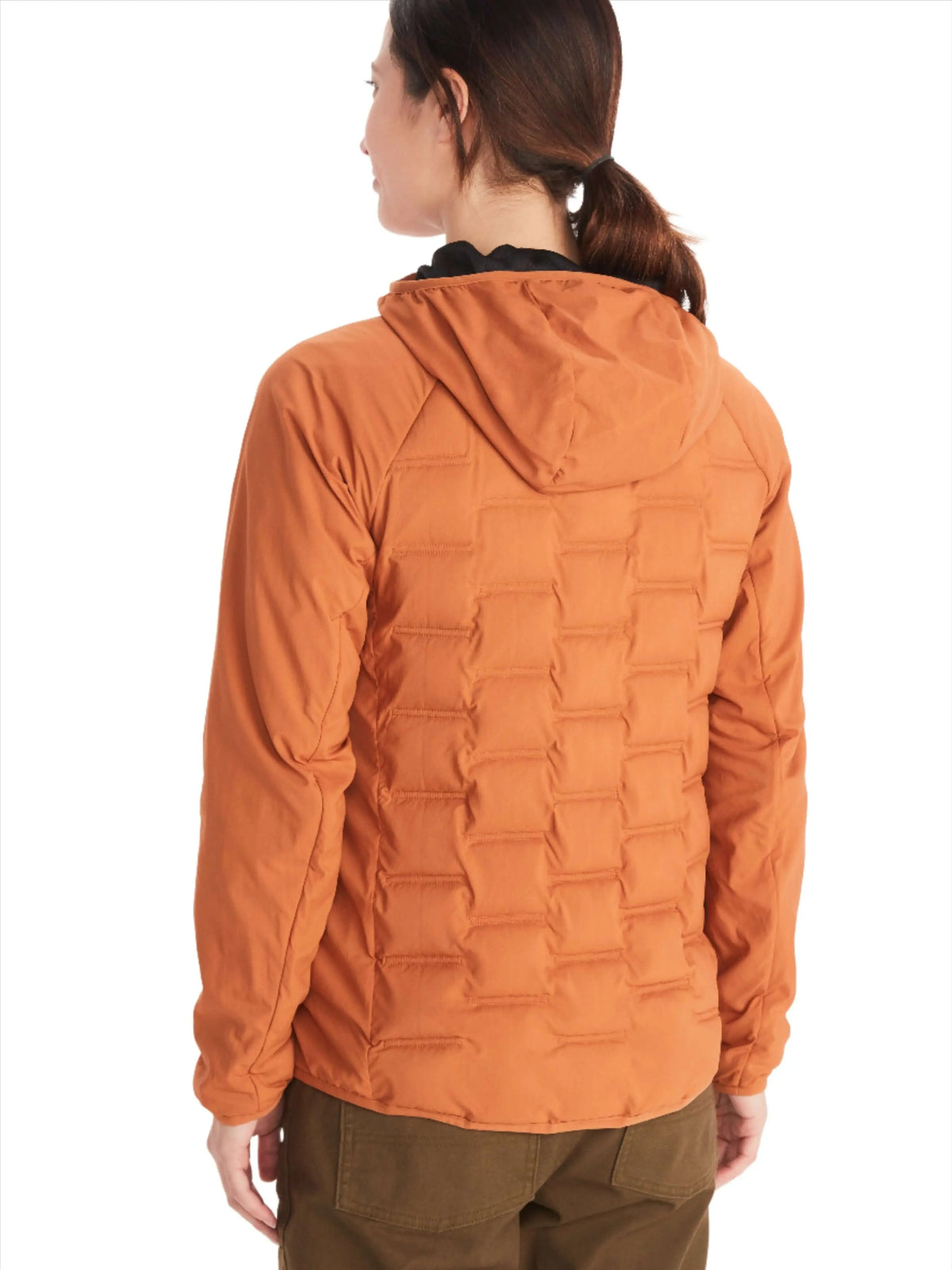 Back view of woman wearing Marmot WarmCube Women's Active HB Jacket in orange, showcasing 3D WarmCube design for optimal warmth.