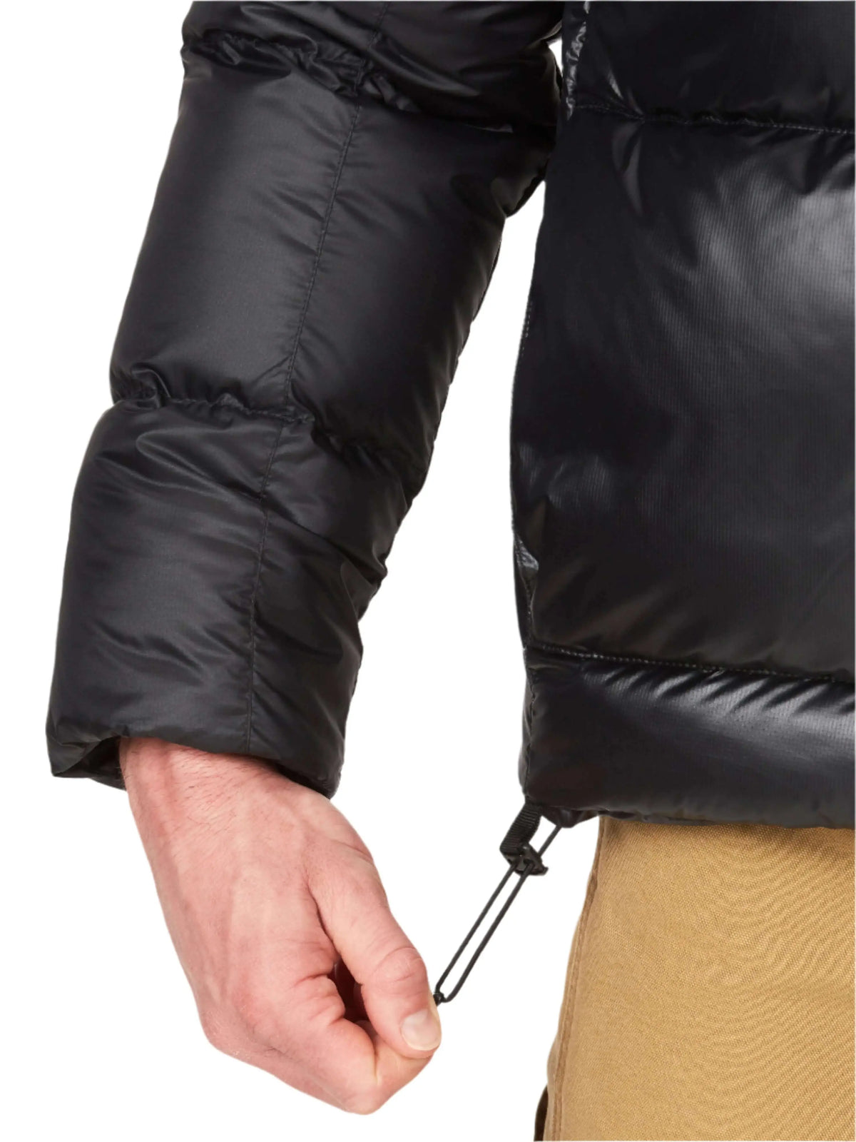 Close-up of Marmot Guides Down Hoody cuff and cinch adjuster on men's insulated jacket in black.