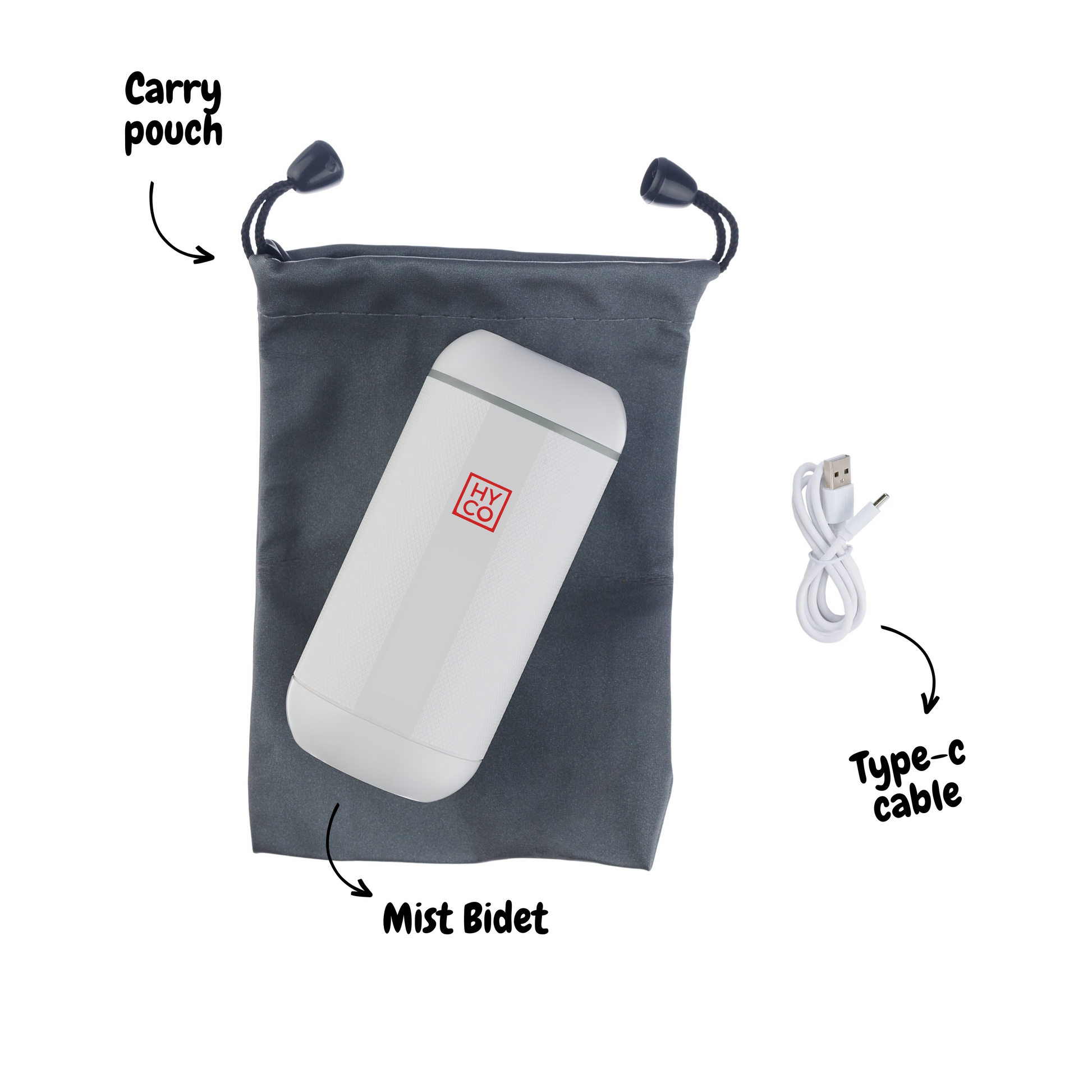 Hygiene Collective Mist portable bidet set with carry pouch and Type-C cable for personal hygiene on the go.