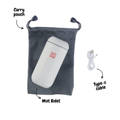 Hygiene Collective Mist portable bidet set with carry pouch and Type-C cable for personal hygiene on the go.