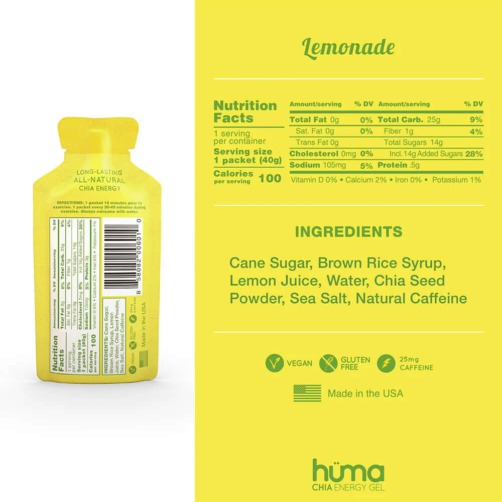 Huma Chia Energy Gel - Lemonade 40g pouch with nutrition facts and ingredients highlighting clean energy for athletes.
