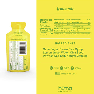 Huma Chia Energy Gel - Lemonade 40g pouch with nutrition facts and ingredients highlighting clean energy for athletes.